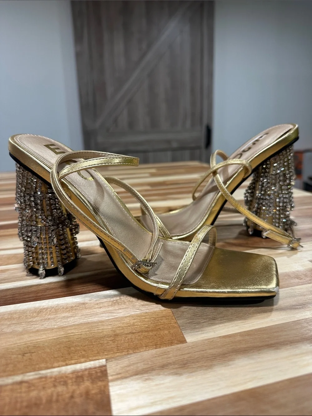 EGO Gold Strappy Heeled Sandals with Crystal Fringe Block Heel 466